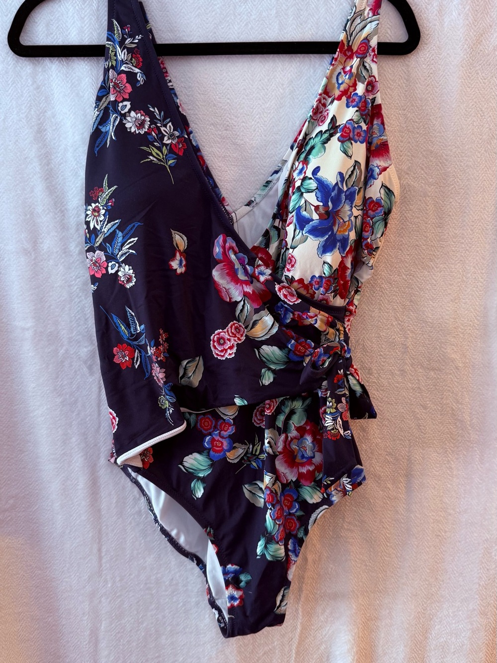 Johnny Was Floral Wrap One-Piece Swimsuit - Navy & Cream with Multicolor Blooms